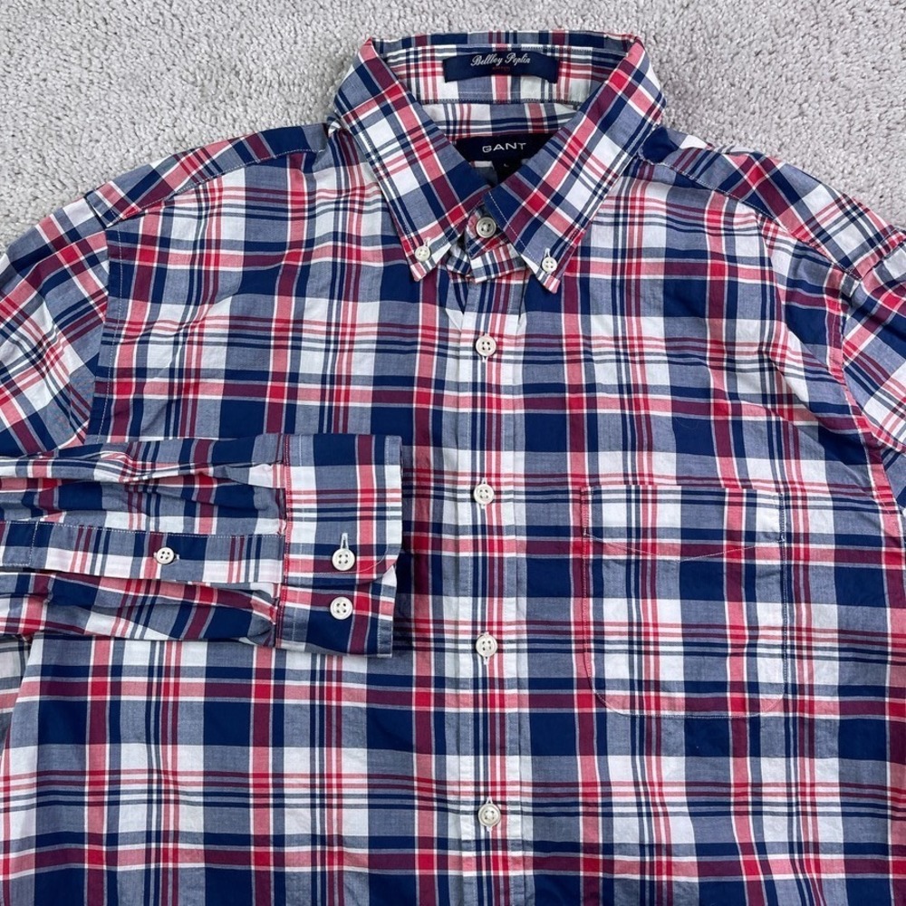 Gant Shirt Mens Large Blue Red Plaid Bellboy Poplin Cotton Fitted Button Down